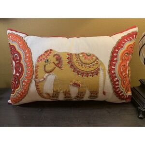 Atira Elephant Embroidered Beaded Colorful Decorative Pillow India 18x10 Cotton
